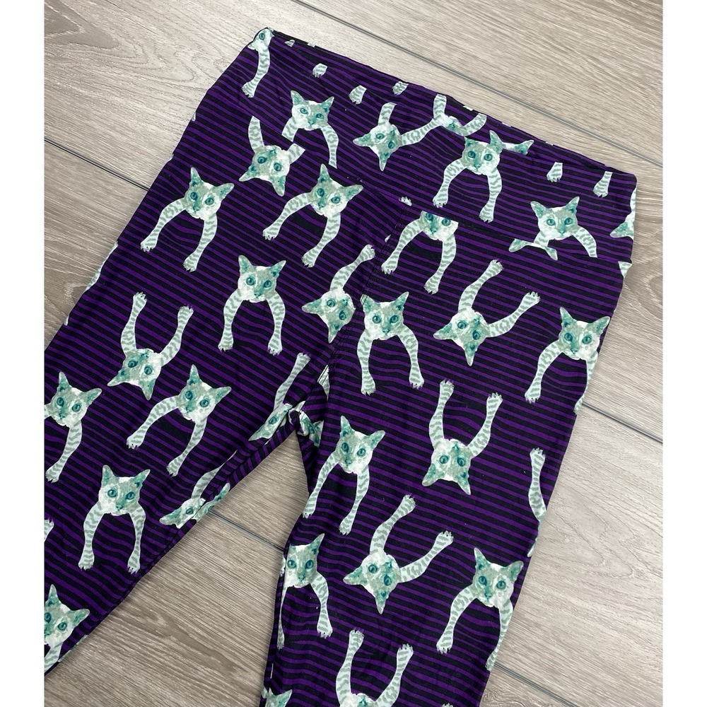 Lularoe Women's Pull On Stretch Striped Cat Print Leggings Purple Sz Tall Curvy - Picture 2 of 11